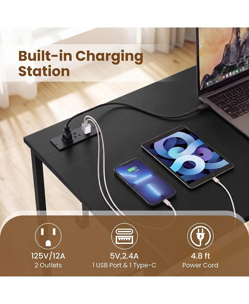 Slickblue Computer Desk with Charging Station and 2 Fabric Drawers