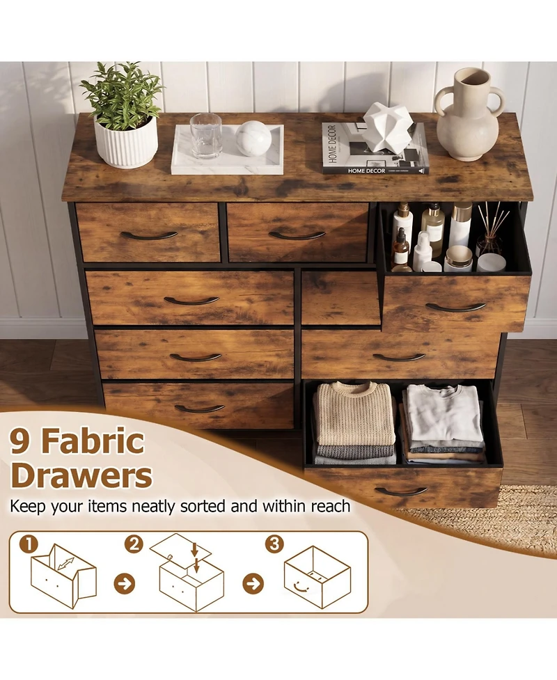 Slickblue Bedroom Storage Dresser with 9 Fabric Drawers and Wooden Top Frame