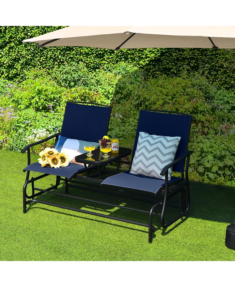 Slickblue Double Rocking Patio Loveseat with Tempered Glass Table and Mesh Fabric