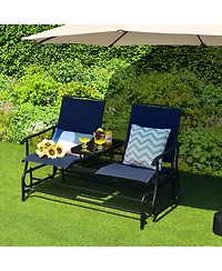 Slickblue Double Rocking Patio Loveseat with Tempered Glass Table and Mesh Fabric
