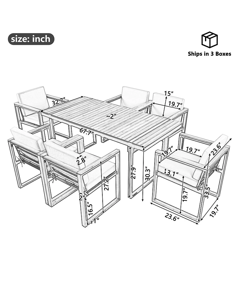 Asagikoiai 7-Piece Outdoor Patio Dining Set, Steel and Acacia Wood Table Chairs