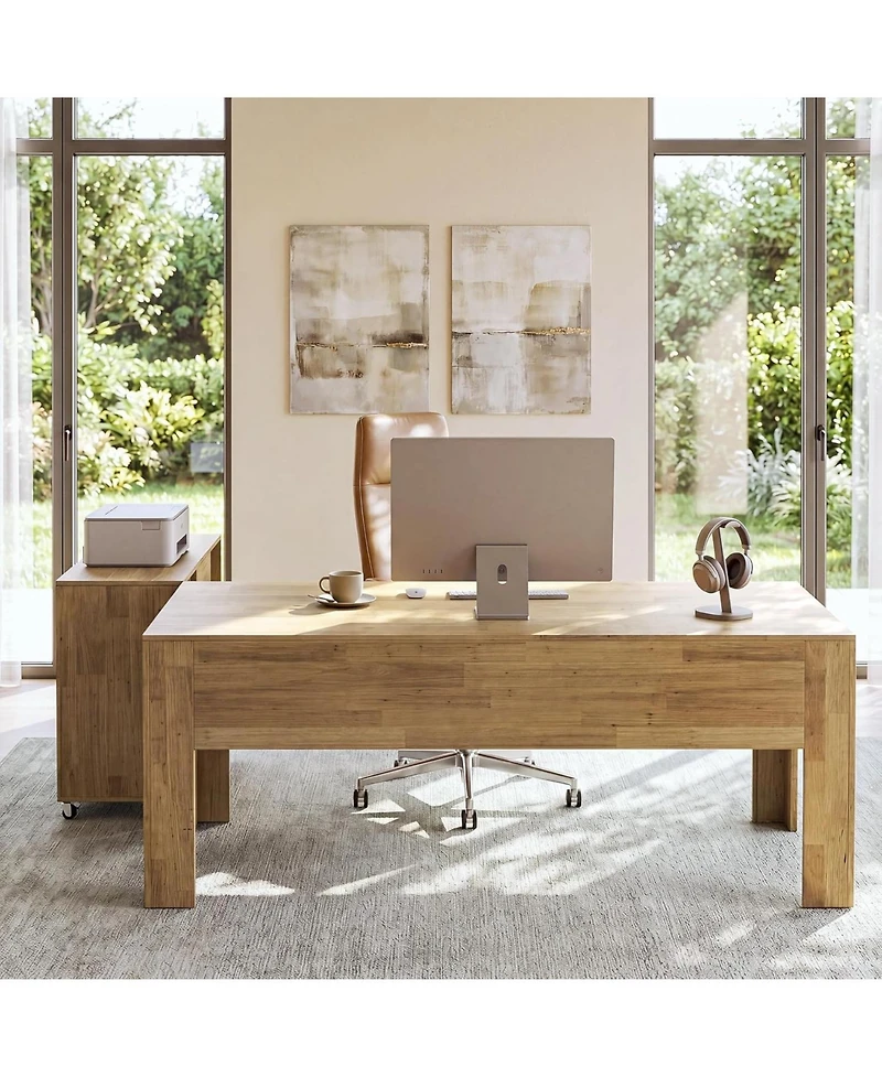 Tribesigns 63" Desk and 47" Rolling File Cabinet: L-shaped computer desk with drawers and shelves. Rustic home office furniture