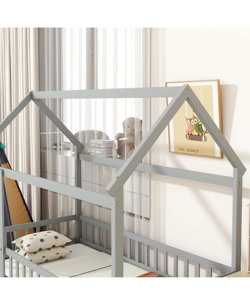 Sailvan House Floor Wooden Bed with Roof Frame,Safety Guardrails