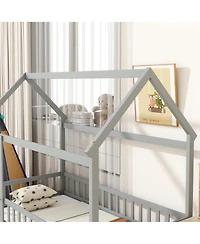 Sailvan House Floor Wooden Bed with Roof Frame,Safety Guardrails