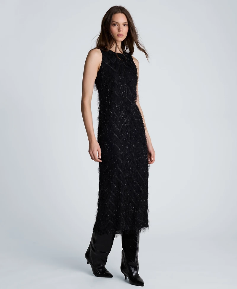 Kenneth Cole Women's Sleeveless Novelty Fringed Organza Midi Dress