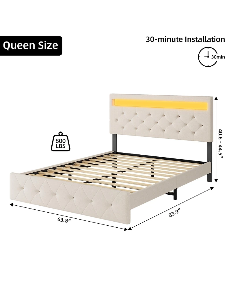 homfan Trendy Padded Platform Bed with Adjustable Headboard, Led Lighting and Charging Outlet, Sturdy Wood Slats, No Box Spring Needed, Easy Assembly