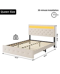 homfan Trendy Padded Platform Bed with Adjustable Headboard, Led Lighting and Charging Outlet, Sturdy Wood Slats, No Box Spring Needed, Easy Assembly