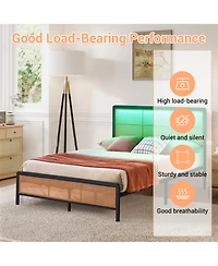 homfan Rattan Platform Bed Frame with Led Headboard, Modern Boho Cane Style, Heavy Duty Metal Frame, Steel Slats, No Box Spring Needed
