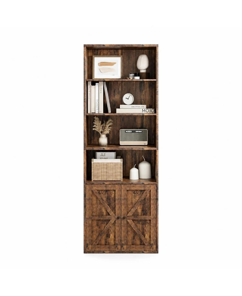 homfan 71.4" Tall Farmhouse 6-Tier Bookcase with Sliding Barn Doors and Adjustable Shelves, Storage Cabinet for Bedroom, Living Room, Office