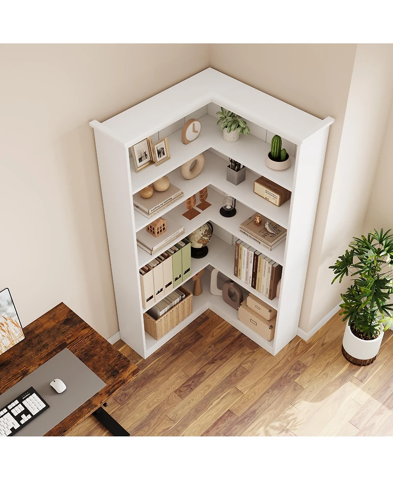 homfan 72" Corner Bookshelf 5 Tier Tall Wooden Farmhouse Bookcase, L Shaped Rustic Shelves for Living Room Bedroom Office, Anti-Tip Design