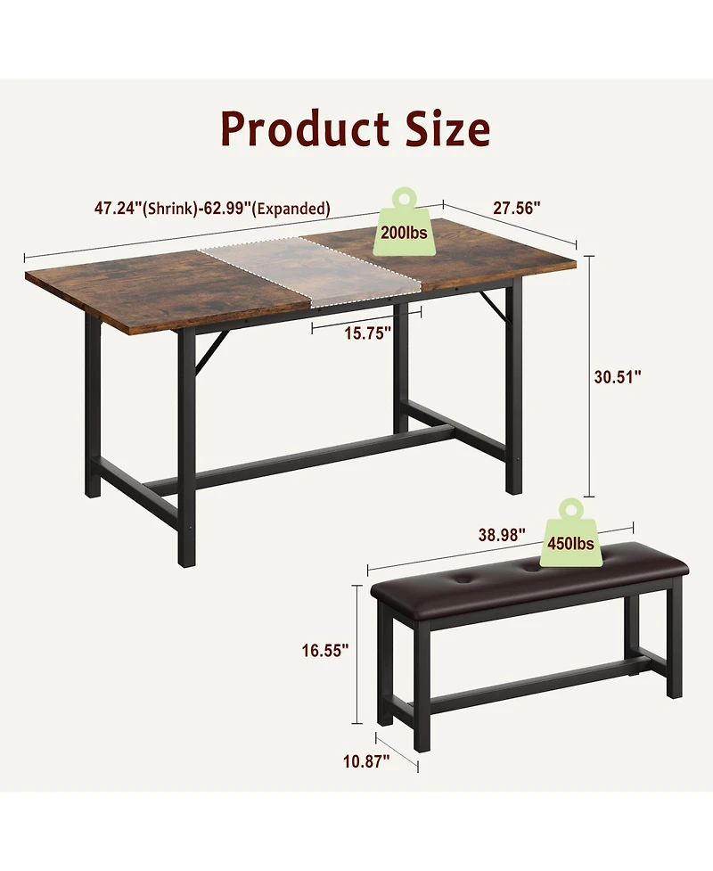 homfan Extendable Dining Set with Padded Benches, Industrial Style Engineered Wood Steel Frame Multi use Home Furniture