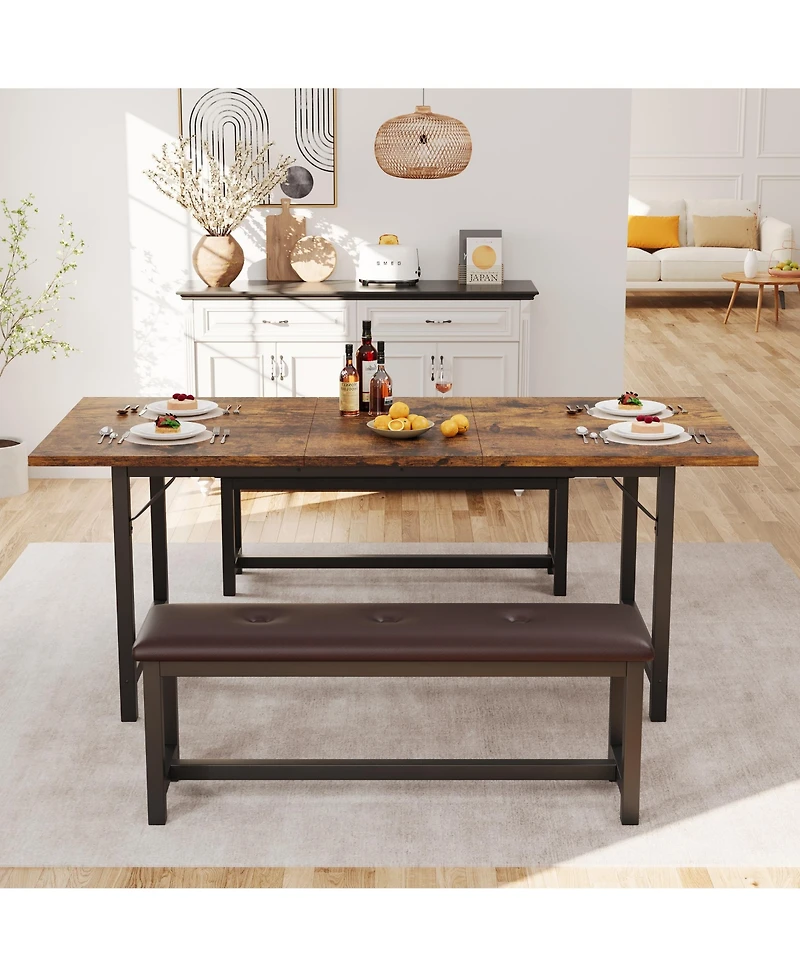 homfan Extendable Dining Set with Padded Benches, Industrial Style Engineered Wood Steel Frame Multi use Home Furniture