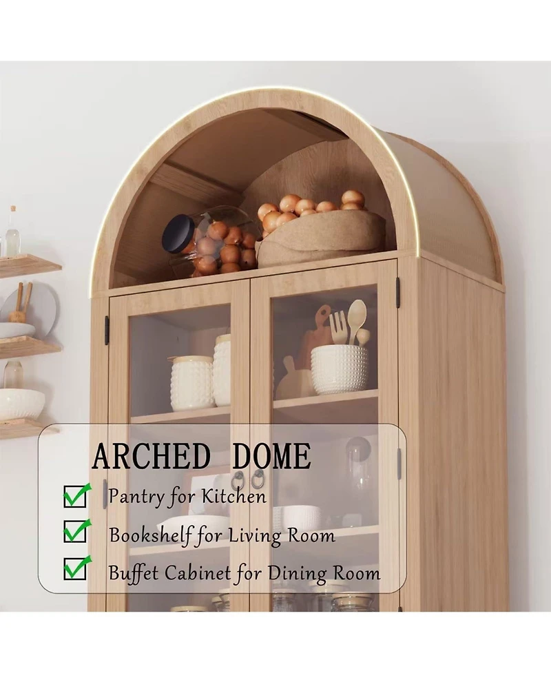 homfan 71-Inch Arched Bookcase with Glass Doors and Rattan Accent, 6-Tier Display Cabinet, Adjustable Shelves