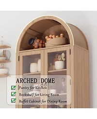 homfan 71-Inch Arched Bookcase with Glass Doors and Rattan Accent, 6-Tier Display Cabinet, Adjustable Shelves