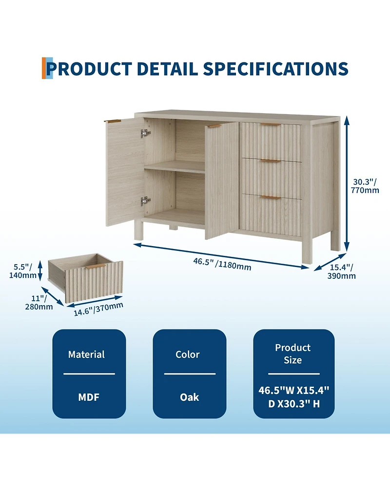 homfan Fluted Sideboard Storage Cabinet with Doors, Drawers and Adjustable Shelves for Dining Room or Living Room