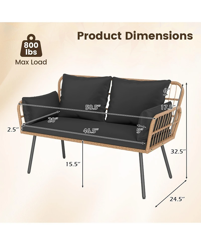 Gymax Patio Wicker Loveseat Furniture w/Seat Back Cushions Heavy-Duty Metal Legs Outdoor