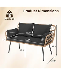 Gymax Patio Wicker Loveseat Furniture w/Seat Back Cushions Heavy-Duty Metal Legs Outdoor