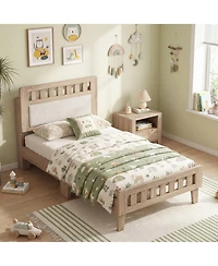 Slickblue Mid-Century Modern Bed Frame with Wood Base and Upholstered Headboard
