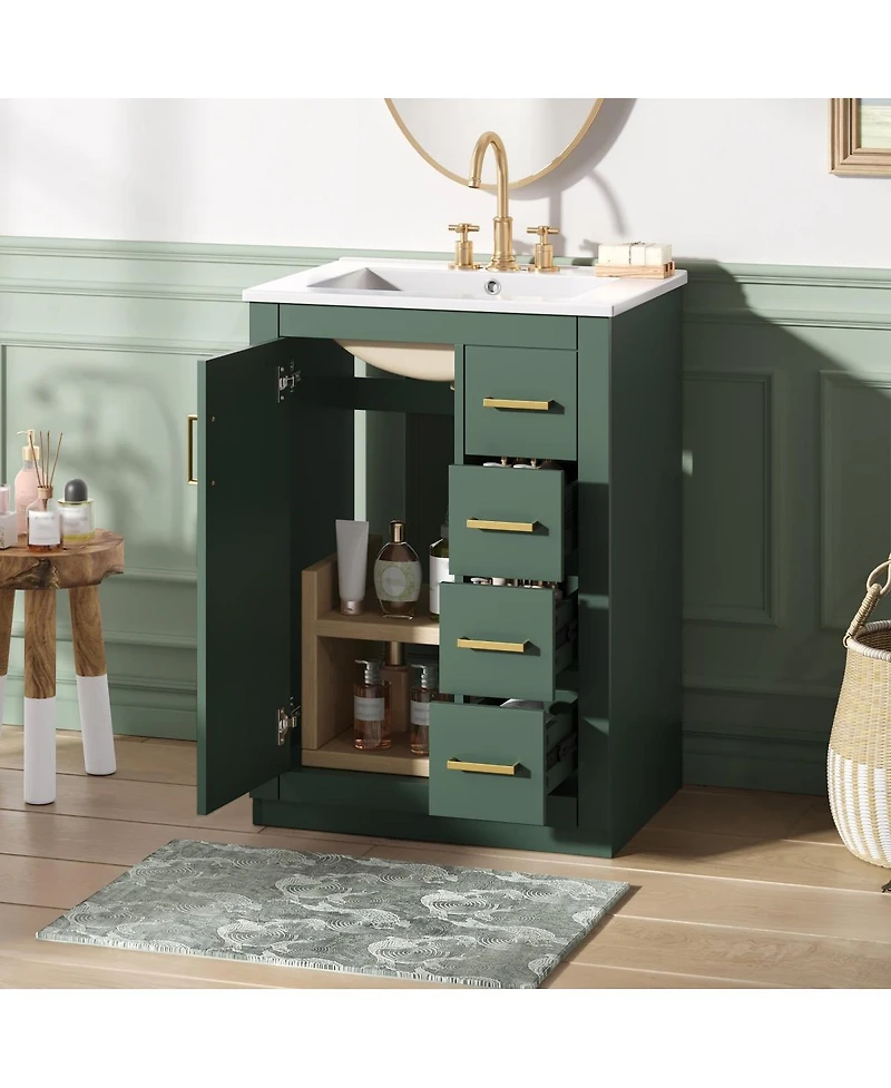 Sillysis 24 Inch Modern Bathroom Vanity with Sink, Solid Wood Mdf Cabinet with 3 Soft Close Drawers, Space-Saving Storage