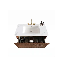 Sillysis 30" Modern Wall Mounted Bathroom Vanity with Carrara Integrated Ceramic Sink, Push-Open Walnut Striped Storage Drawer