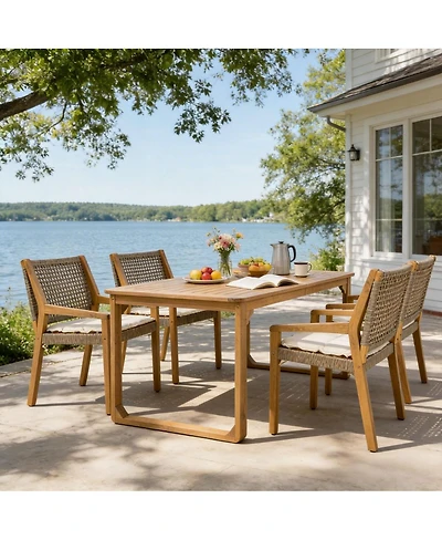 Asagikoiai 5-Piece Acacia Wood Outdoor Dining Set with Rope Back Chairs and Cushions