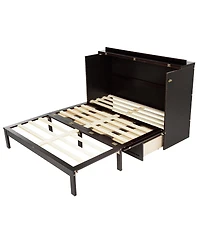 Sailvan Queen Size Murphy Bed, Pine Wood Cabinet Bed with Power Station and Rattan Decoration Panel