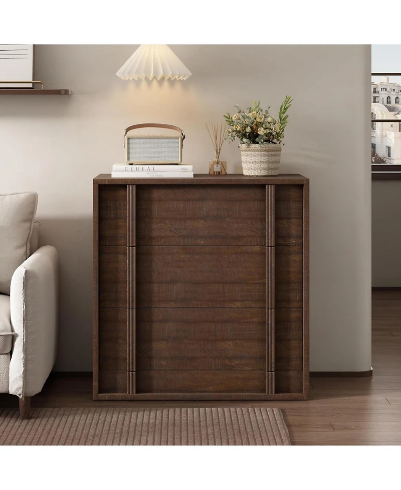 homfan 3-Drawer Red-Brown Storage Cabinet Modern Nightstand with Vertical Handle for Bedroom or Living Room
