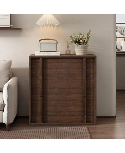 homfan 3-Drawer Red-Brown Storage Cabinet Modern Nightstand with Vertical Handle for Bedroom or Living Room