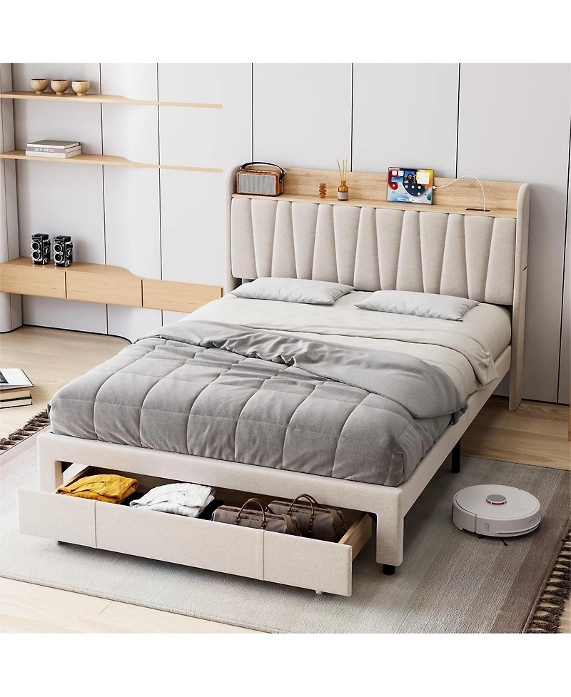 homfan Queen Upholstered Bed Frame with Storage Headboard, Charging Station and Drawer, Platform Bed with Wood Slats