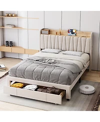 homfan Queen Upholstered Bed Frame with Storage Headboard, Charging Station and Drawer, Platform Bed with Wood Slats