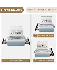 homfan Full Upholstered Led Bed Frame with 2 Storage Drawers, Velvet Platform Bed with Wavy Headboard, Wood Slat Support