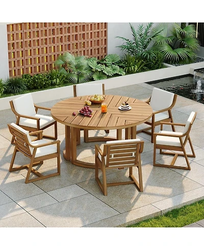 Asagikoiai 7 Piece Wooden Patio Dining Set with Umbrella Hole and Cushioned Chairs