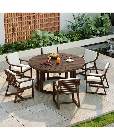 Asagikoiai 7 Piece Wooden Patio Dining Set with Umbrella Hole and Cushioned Chairs