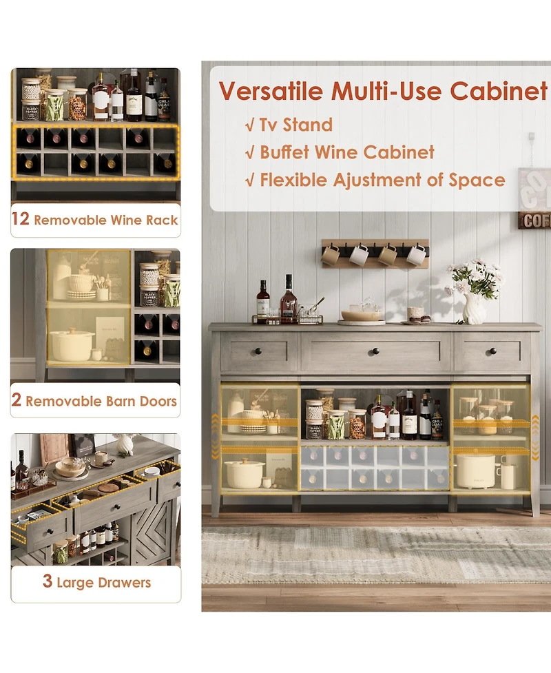 homfan 59 Inch Farmhouse Sideboard Buffet with Sliding Barn Door, 3 Drawers, Removable Wine Rack and Adjustable Shelf for Dining Room, Kitchen