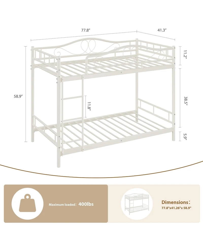 homfan Twin Over Bunk Bed for Kids, Heavy Duty Metal Frame with Safety Guardrail and Ladder, 400 Lbs Capacity, Space-Saving Design