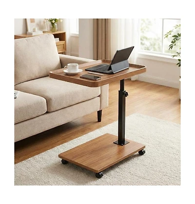 gaomon C Shaped End Table with Wheels, 360degree(s)Swivel Sofa Side Table, Wooden Accent Tv Tray for Living Room and Bedroom, Small Places
