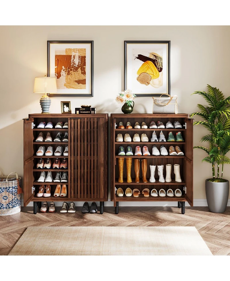 Slickblue Wooden Shoe Organizer with Adjustable Shelves and Louvered Doors
