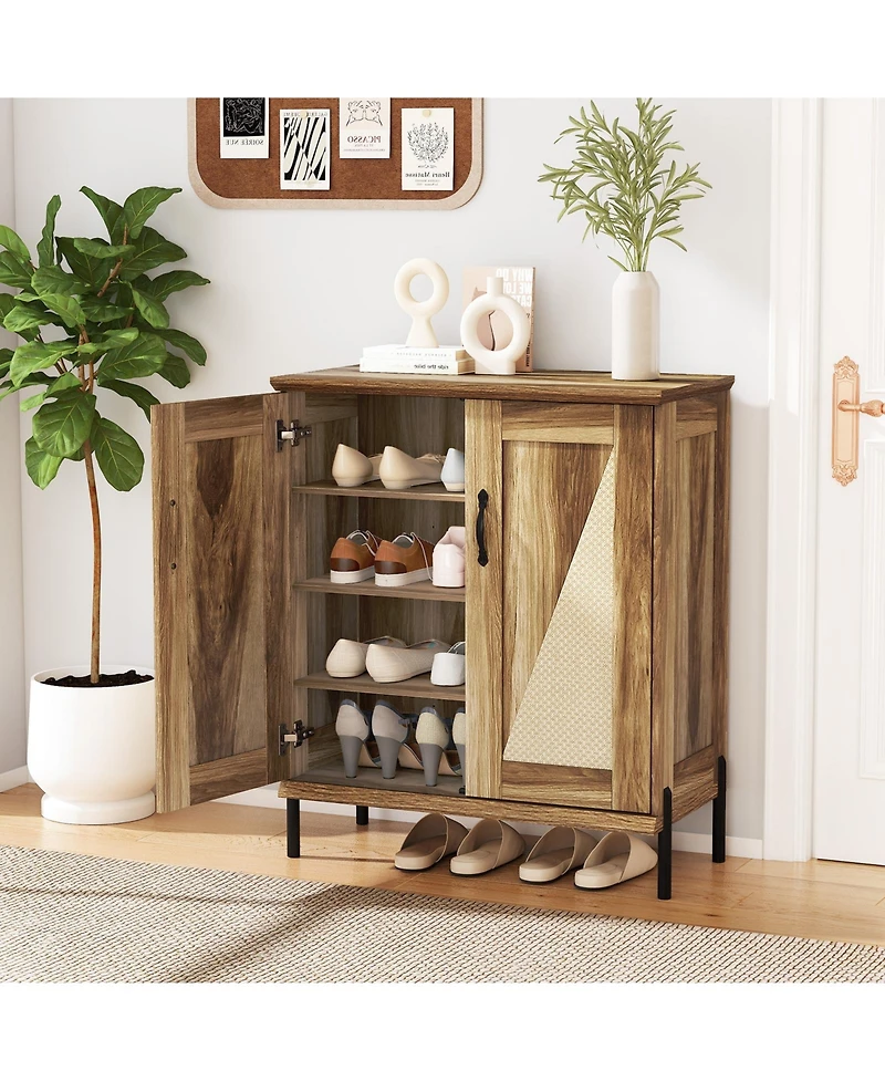 Costway 5-Tier Farmhouse Shoe Cabinet with Woven Rattan Doors, Removable Shelves for Closet