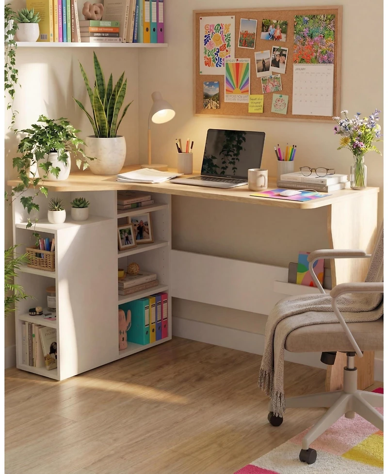 gaomon L Shaped Desk with Storage Shelves, Small Corner Desk for Small Spaces, Reversible Oak Wood Finish