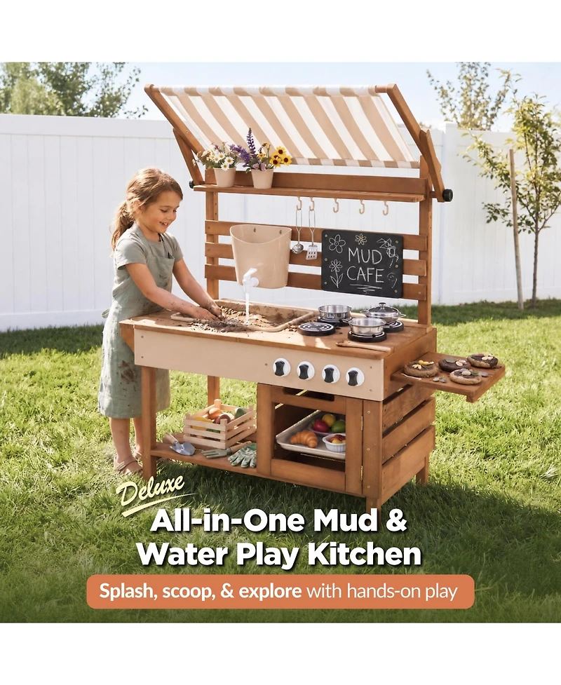 Best Choice Products Deluxe Wooden Outdoor Mud Kitchen for Kids with Canopy, Water Tank, Faucet and 11pc Accessories