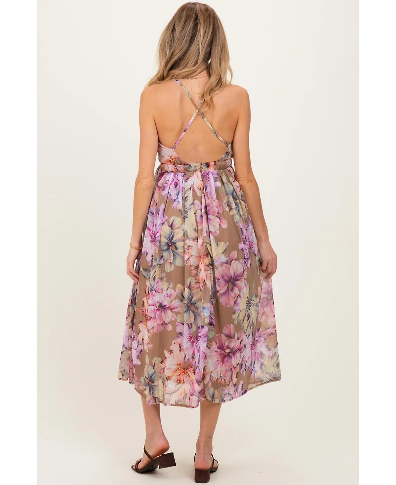 Pinkblush Maternity Tan Floral Open Back Midi Dress