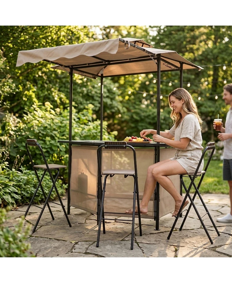 Sugift 3-Piece Patio Bar Set with Grill Gazebo and 2 Folding Bar Stools