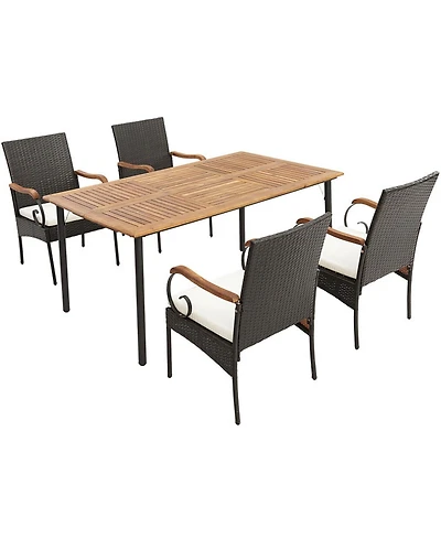 Gouun 5-Piece Patio Wicker Dining Set with Acacia Wood Table and Cushioned Chairs