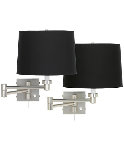Possini Euro Design Modern Swing Arm Wall Lamps Set of 2 Brushed Nickel Plug-In Light Fixture Drum Shade for Bedroom Bedside