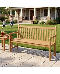 Sugift 62in Teak Outdoor Porch Bench 3-Seat Solid Wood Patio Bench with Armrests