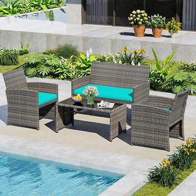 Sugift 4-Piece Pe Rattan Patio Conversation Set with Loveseat and Armchairs