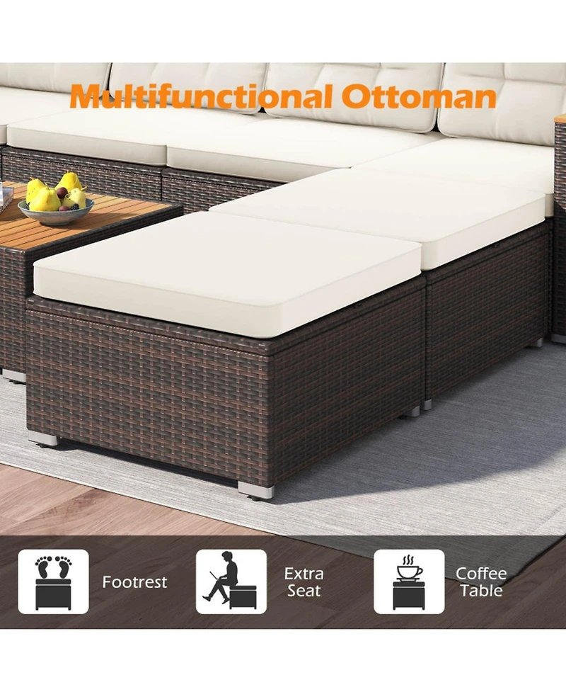 Gouun 7-Piece Wicker Patio Sectional with Acacia Wood Armrests and Ottoman