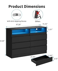 gaomon 6 Drawer Dresser with Charging Station and Led Lights, Modern Chest of Drawers Power Outlet, Organizer Cabinet for Bedroom, Living Room