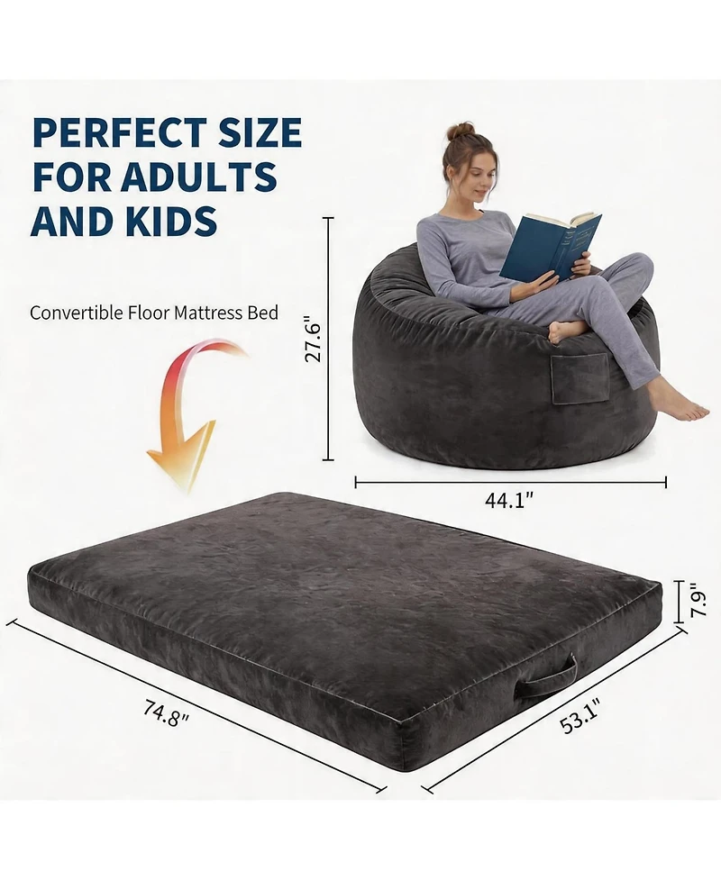 gaomon 4 in 1 Adult Bean Bag Chair, 4ft - Memory Foam Filler and Removable Cover - Oversized Flannel Lazy Sofa Couch Bed for Adults and Teens
