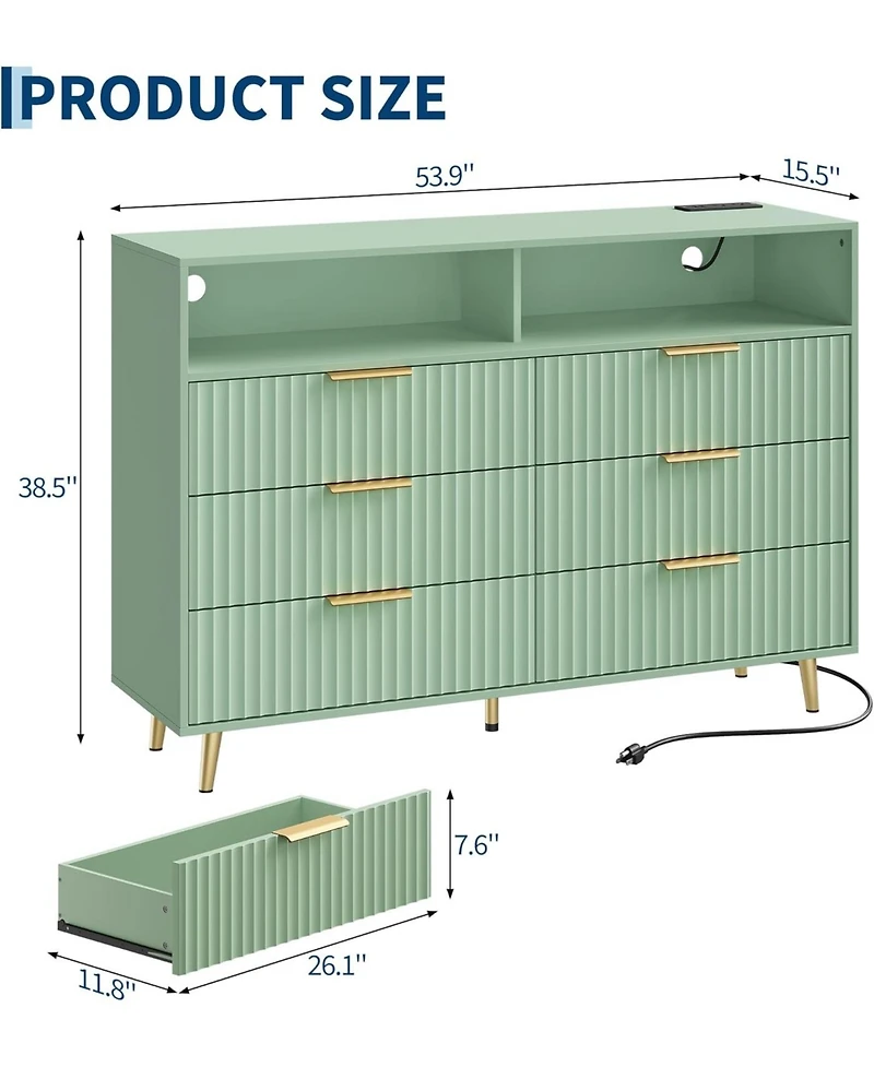 gaomon 6 Drawers Dresser for Bedroom, 53.9" Wide Dressers with Led Lights and Charging Station, Curved Profile Design